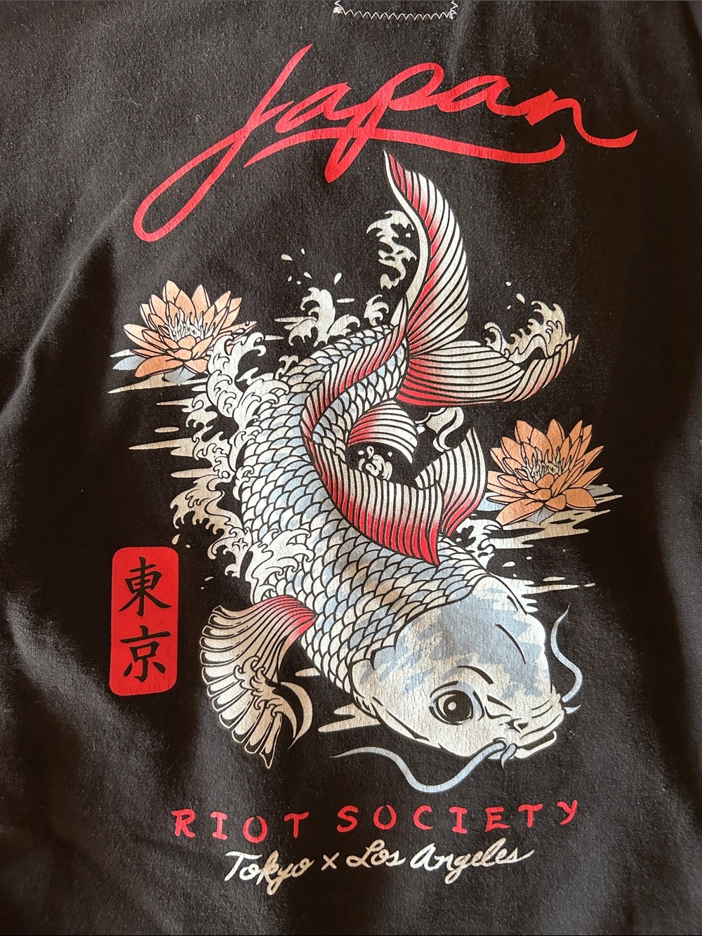 riot society Black Koi Graphic hoodie- Red, White, Peach Accents